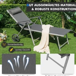 Liegestuhl aus Aluminium mit Rollen Klappbare Sonnenliege 137,5 x 75 x 23,5 cm Grau