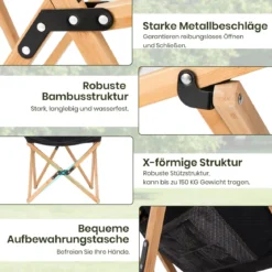 Liegestuhl 2er Set Klappstuhl aus Bambus mit Seitentasche Faltstuhl bis 150 kg belastbar Schwarz