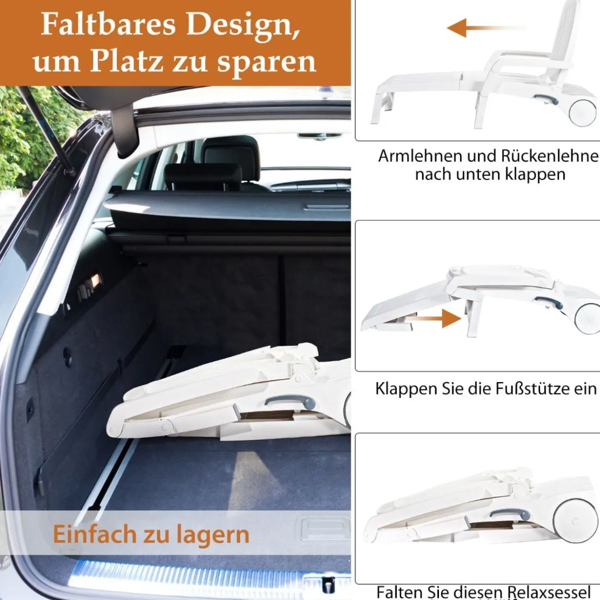 Liegestuhl für Draußen 5-Fach Verstellbare Sonnenliege Weiß