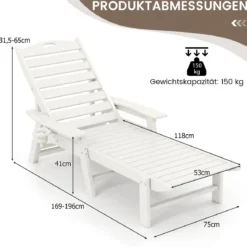 Liegestuhl HDPE Outdoor-Liegesessel mit 4-fach verstellbarer Rückenlehne & drehbarem Getränkehalter Weiß