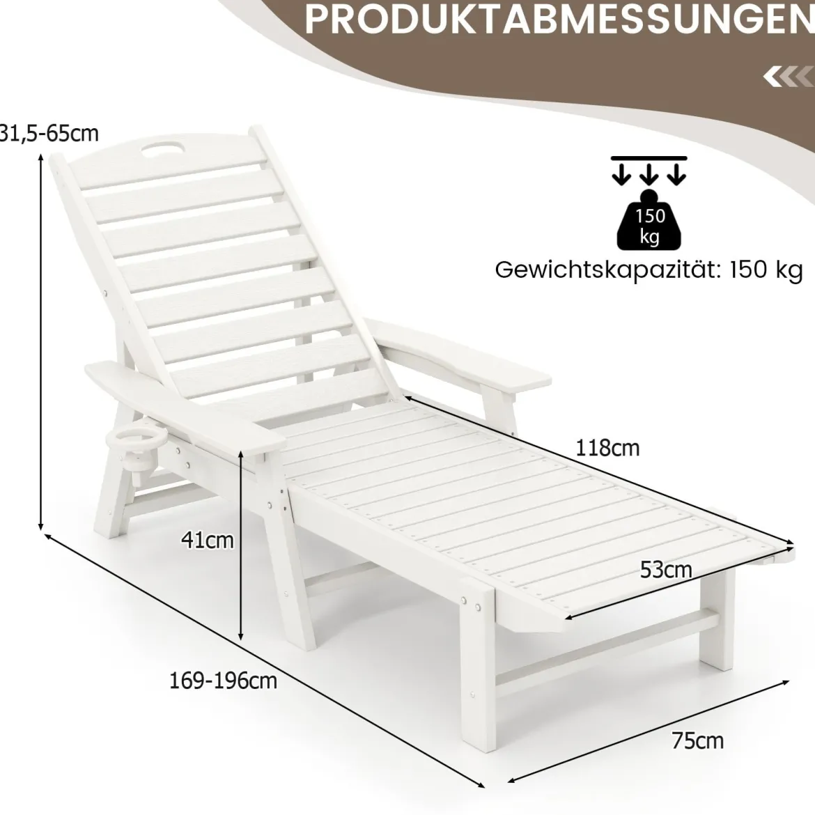 Liegestuhl HDPE Outdoor-Liegesessel mit 4-fach verstellbarer Rückenlehne & drehbarem Getränkehalter Weiß