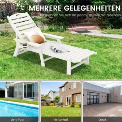 Liegestuhl HDPE Outdoor-Liegesessel mit 4-fach verstellbarer Rückenlehne & drehbarem Getränkehalter Weiß