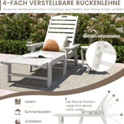 Liegestuhl HDPE Outdoor-Liegesessel mit 4-fach verstellbarer Rückenlehne & drehbarem Getränkehalter Weiß
