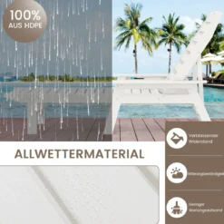 Liegestuhl HDPE Outdoor-Liegesessel mit 4-fach verstellbarer Rückenlehne & drehbarem Getränkehalter Weiß