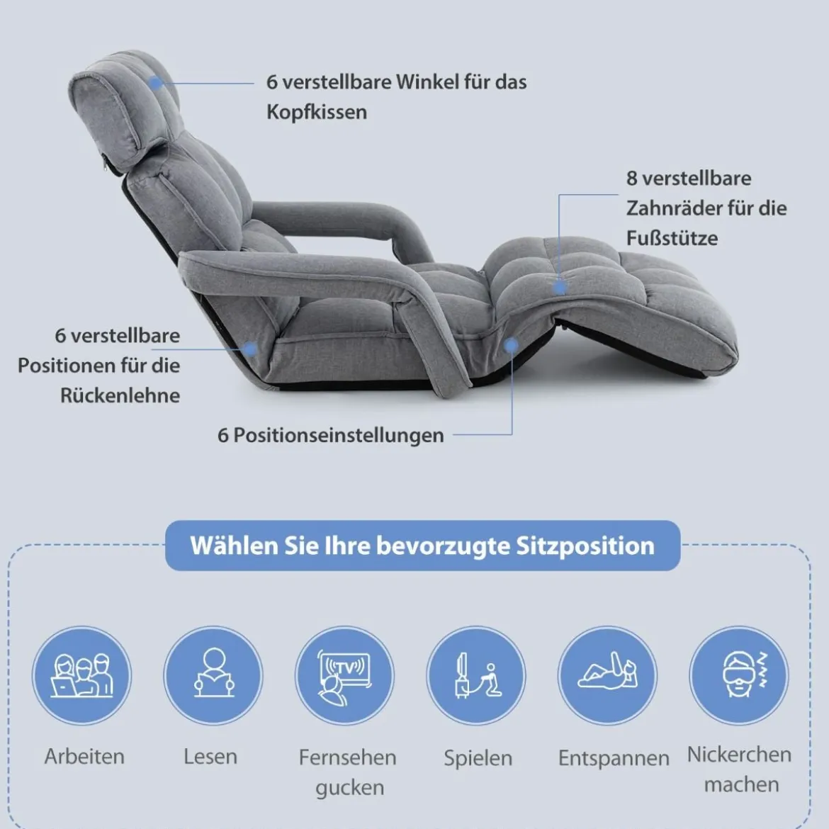 Liegestuhl Klappbares Schlafsofa mit 6 Verstellbaren Positionen 72 x 61 x 46,5 cm Grau