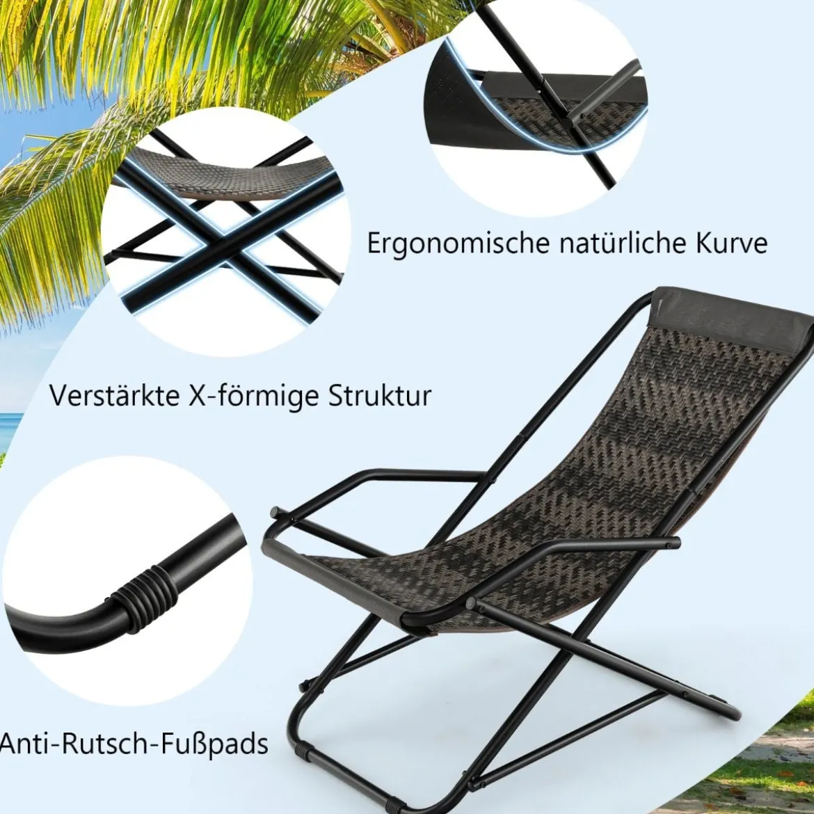 Liegestuhl Klappbar Rattan Strandliege mit Sanfter Schaukelbewegung 106 x 65 x 79 cm Grau