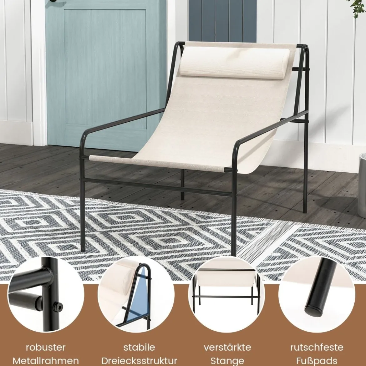 Liegestuhl Loungesessel mit Abnehmbarer Kopfstütze 94 x 62 x 76 cm Beige