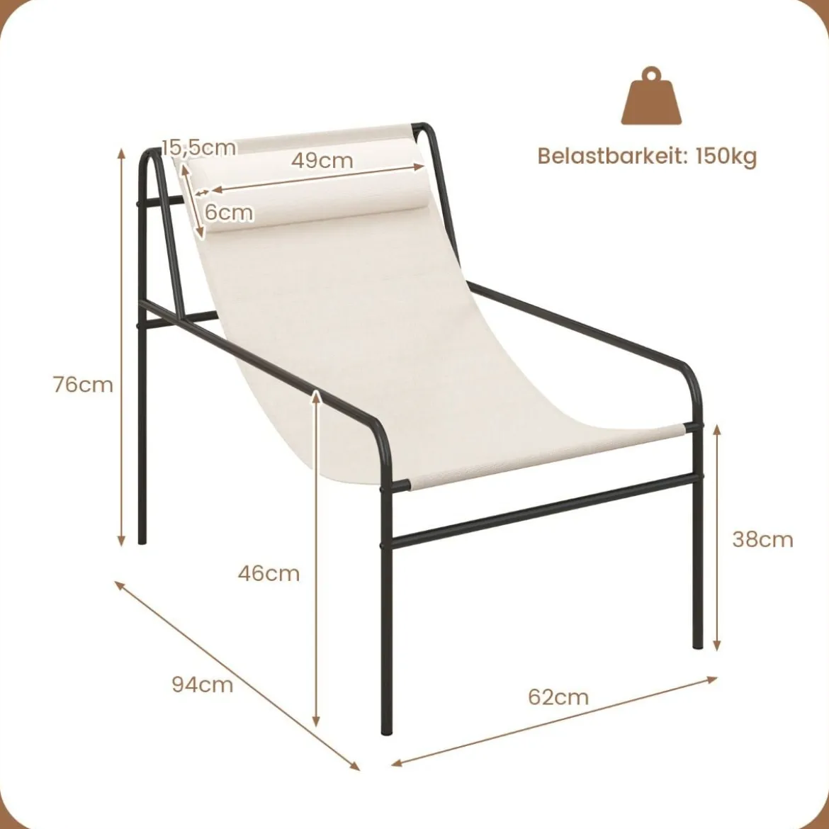 Liegestuhl Loungesessel mit Abnehmbarer Kopfstütze 94 x 62 x 76 cm Beige