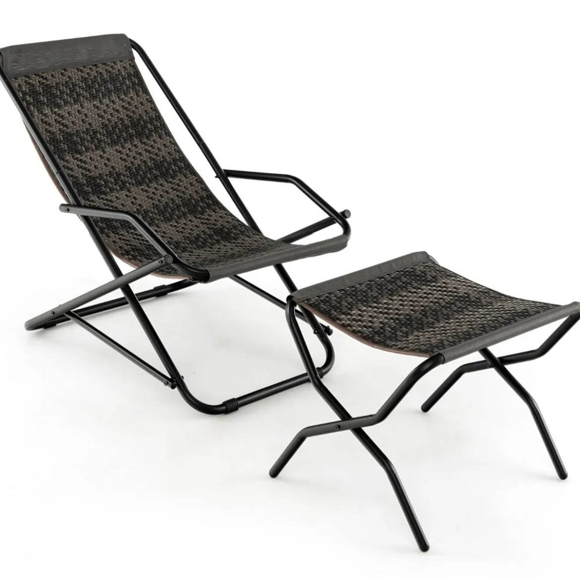 Liegestuhl mit Klapphocker Rattan Strandliege mit sanfter Schaukelbewegung 106 x 65 x 79 cm Grau