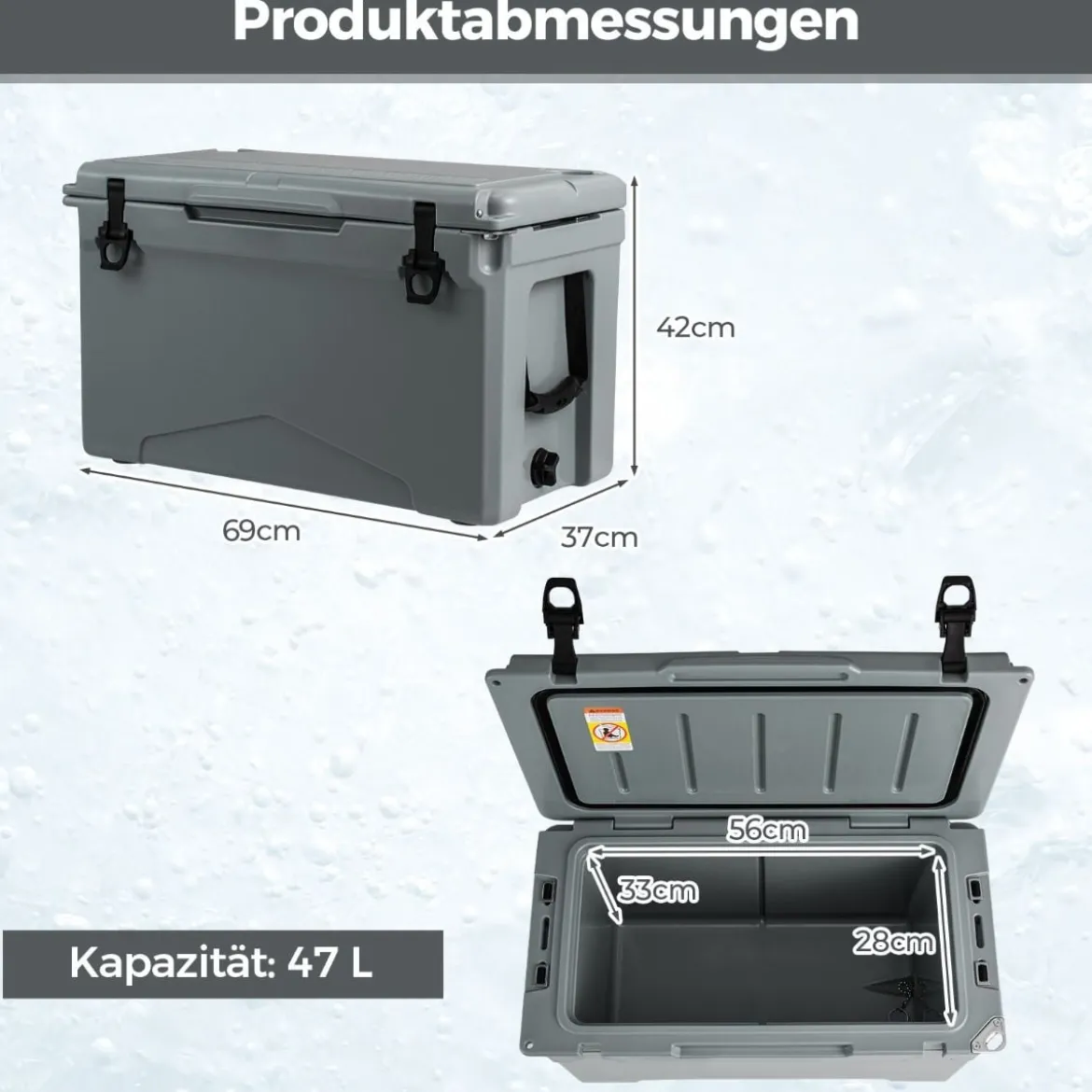 47L Isolierbox Kühlbox tragbar Wärmebehälter mit Flaschenöffner und Abflusssystem 69 x 37 x 42 cm Grau