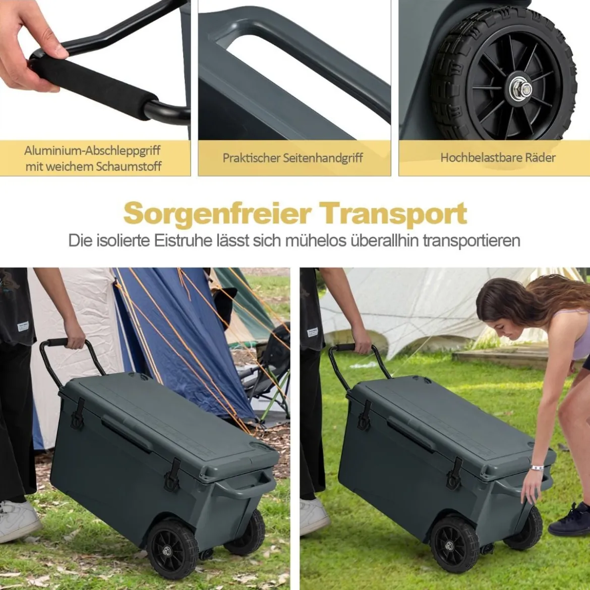 71L Isolierbox mit Flaschenöffner & Griff & Rädern Tragbare Kühlbox Wärmebehälter Grau