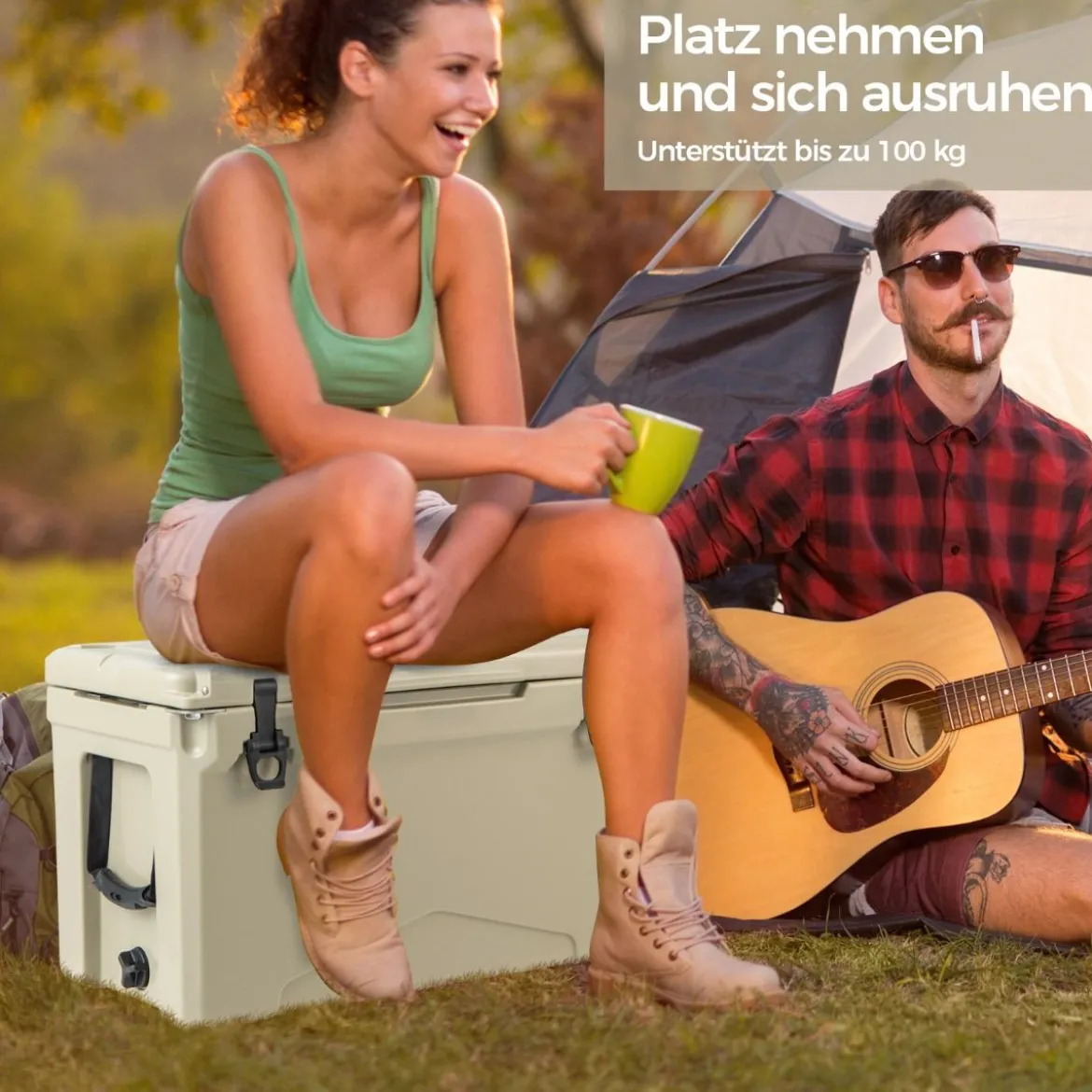47L Isolierbox mit Flaschenöffner & Griff Tragbare Kühlbox Wärmebehälter für Camping Kahki
