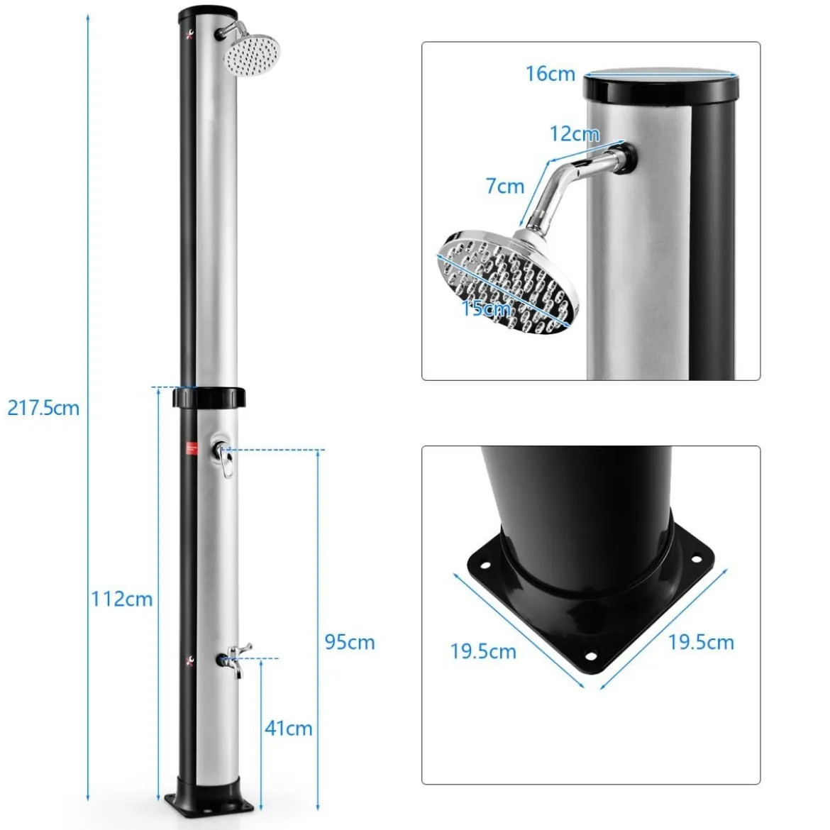 38 Liter Solardusche mit Schwenkbarem Duschkopf & Fußdusche bis 60°C 217,5 cm Silber