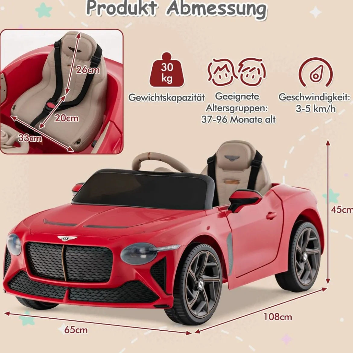 Lizenziertes Bentley Bacalar Kinderfahrzeug mit Fernbedienung & Scherentüren & Federung Rot