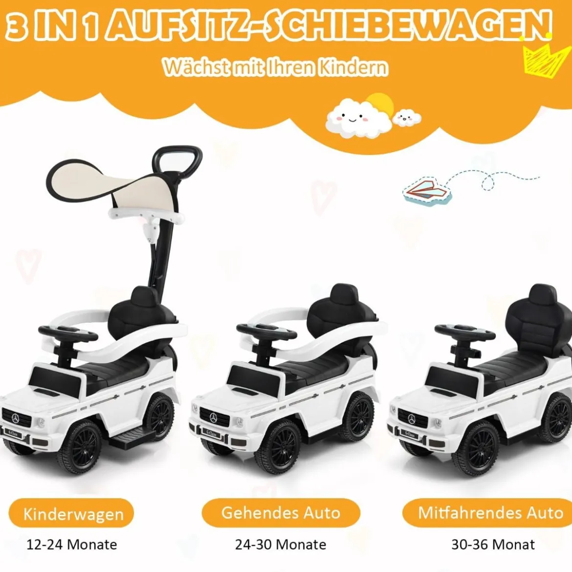 Lizenziertes Mercedes Benz Kinderfahrzeug mit Verstellbarem Sonnendach &Elterngriff Kinderwagen