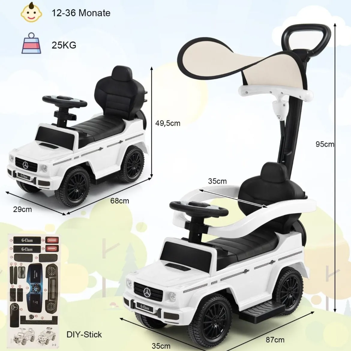 Lizenziertes Mercedes Benz Kinderfahrzeug mit Verstellbarem Sonnendach &Elterngriff Kinderwagen
