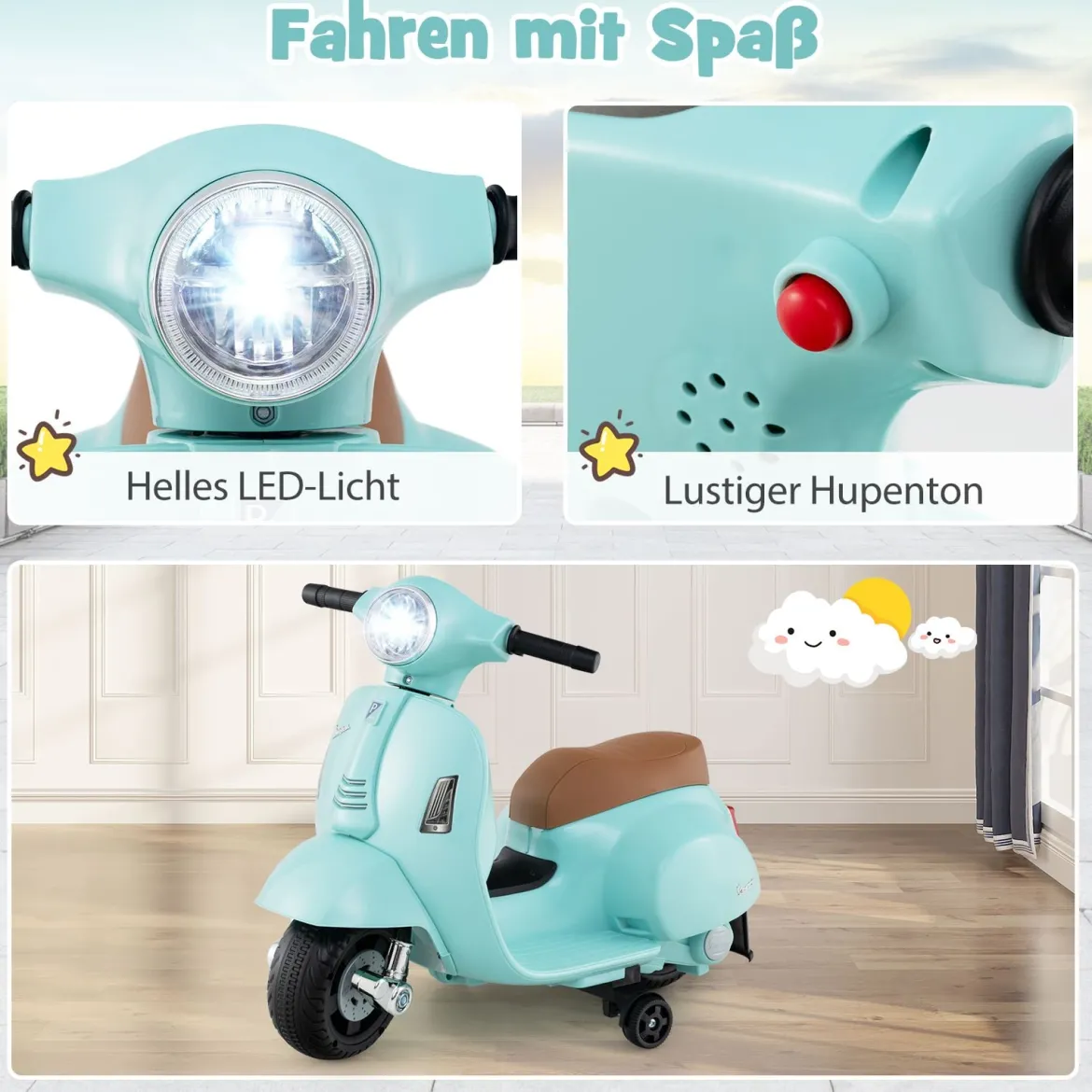 Lizenzierte Vespa Kinder Elektromotorrad 6V Batterie betriebenes Motorrad mit LED-Scheinwerfer Blau