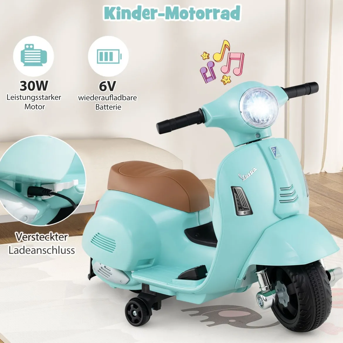 Lizenzierte Vespa Kinder Elektromotorrad 6V Batterie betriebenes Motorrad mit LED-Scheinwerfer Blau