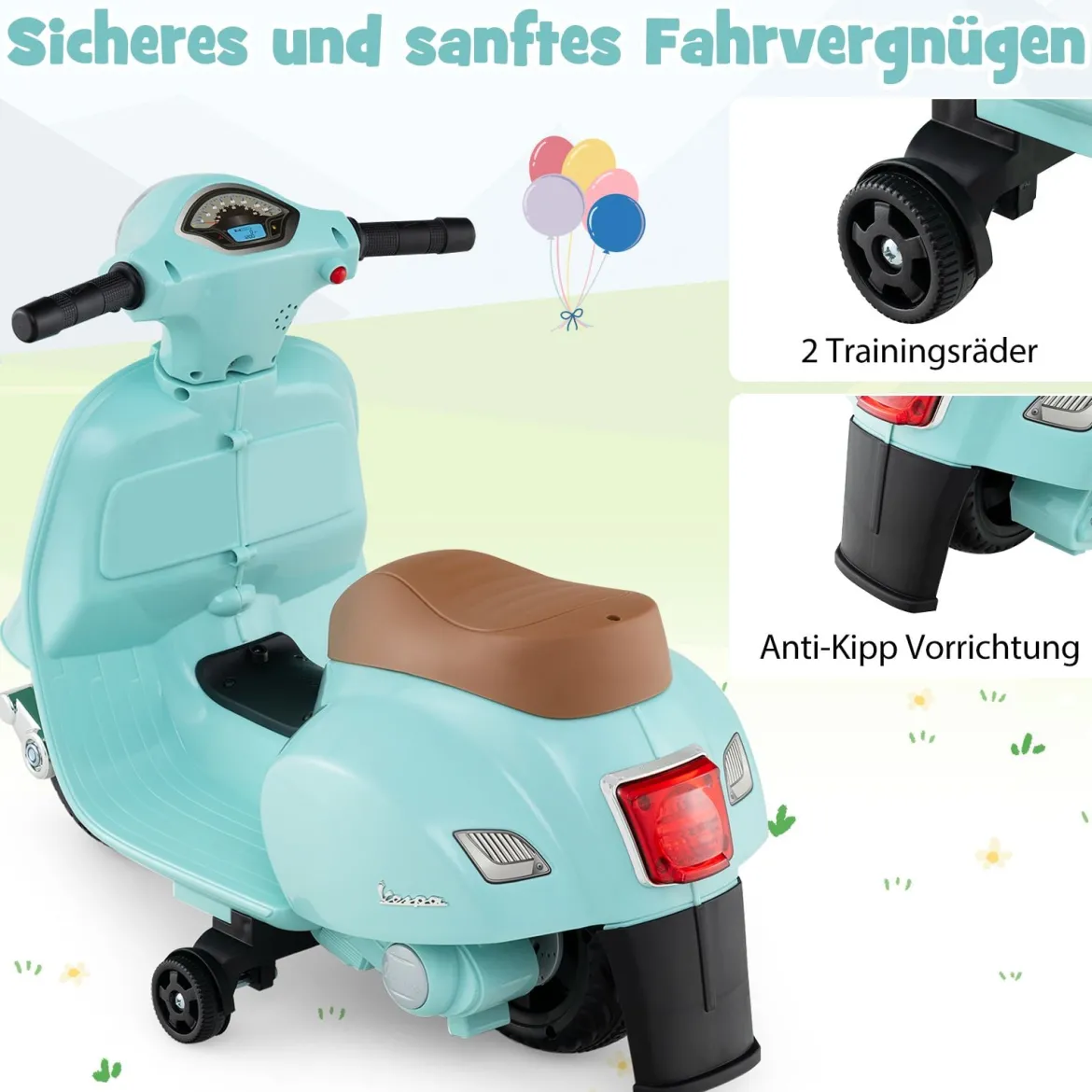 Lizenzierte Vespa Kinder Elektromotorrad 6V Batterie betriebenes Motorrad mit LED-Scheinwerfer Blau