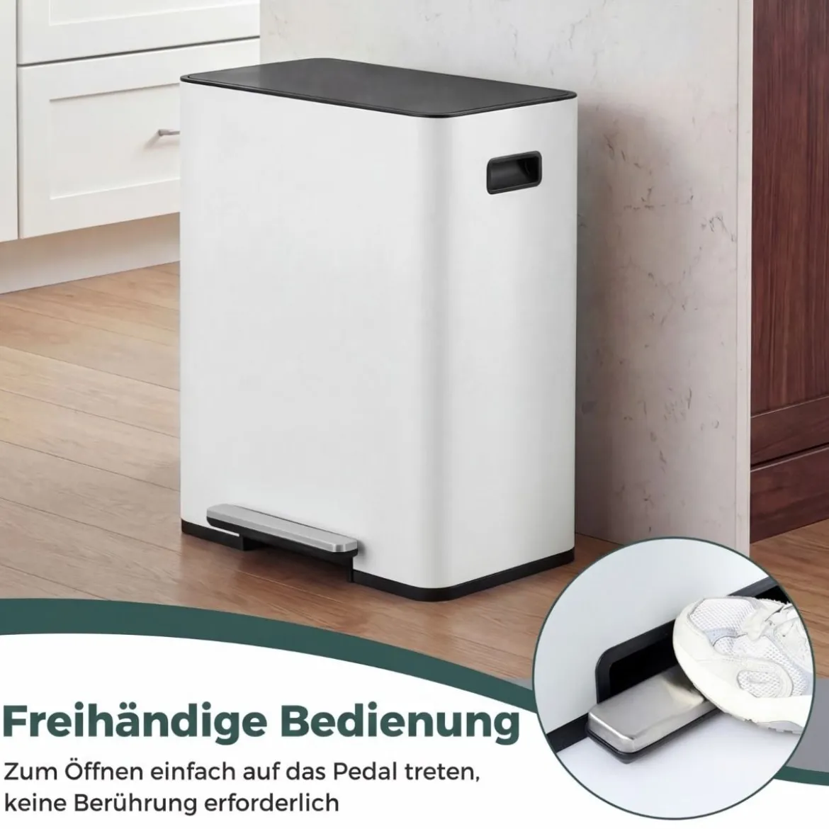 60L Küche Mülleimer aus Edelstahl mit Pedal & Softclose Deckel 2 Fächer Mülltrennsystem Weiß