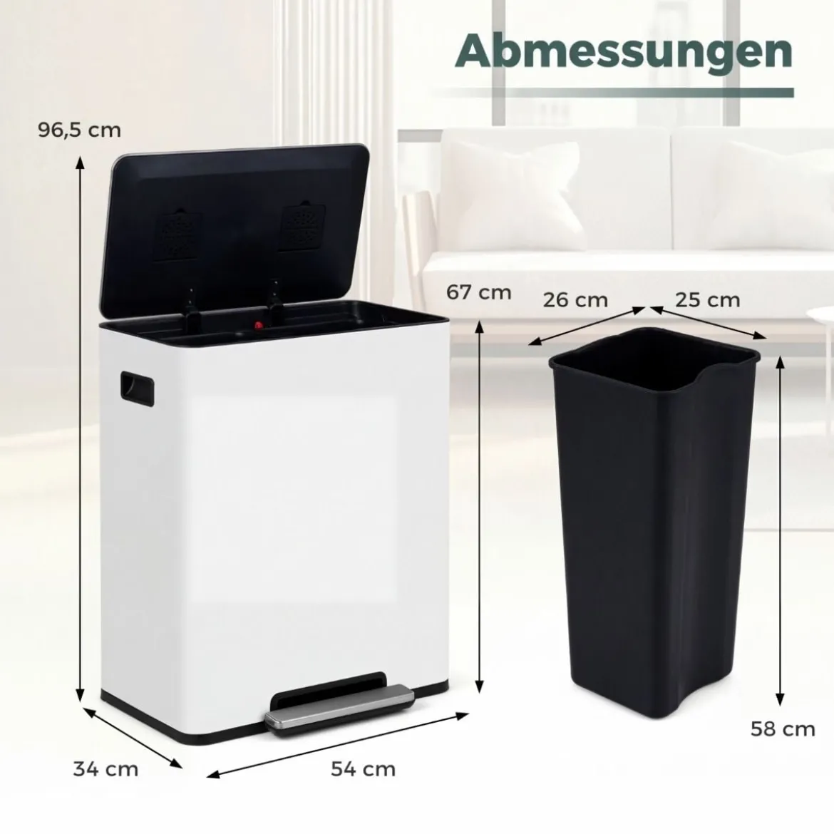 60L Küche Mülleimer aus Edelstahl mit Pedal & Softclose Deckel 2 Fächer Mülltrennsystem Weiß