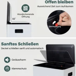 60L Küche Mülleimer aus Edelstahl mit Pedal & Softclose Deckel 2 Fächer Mülltrennsystem Weiß