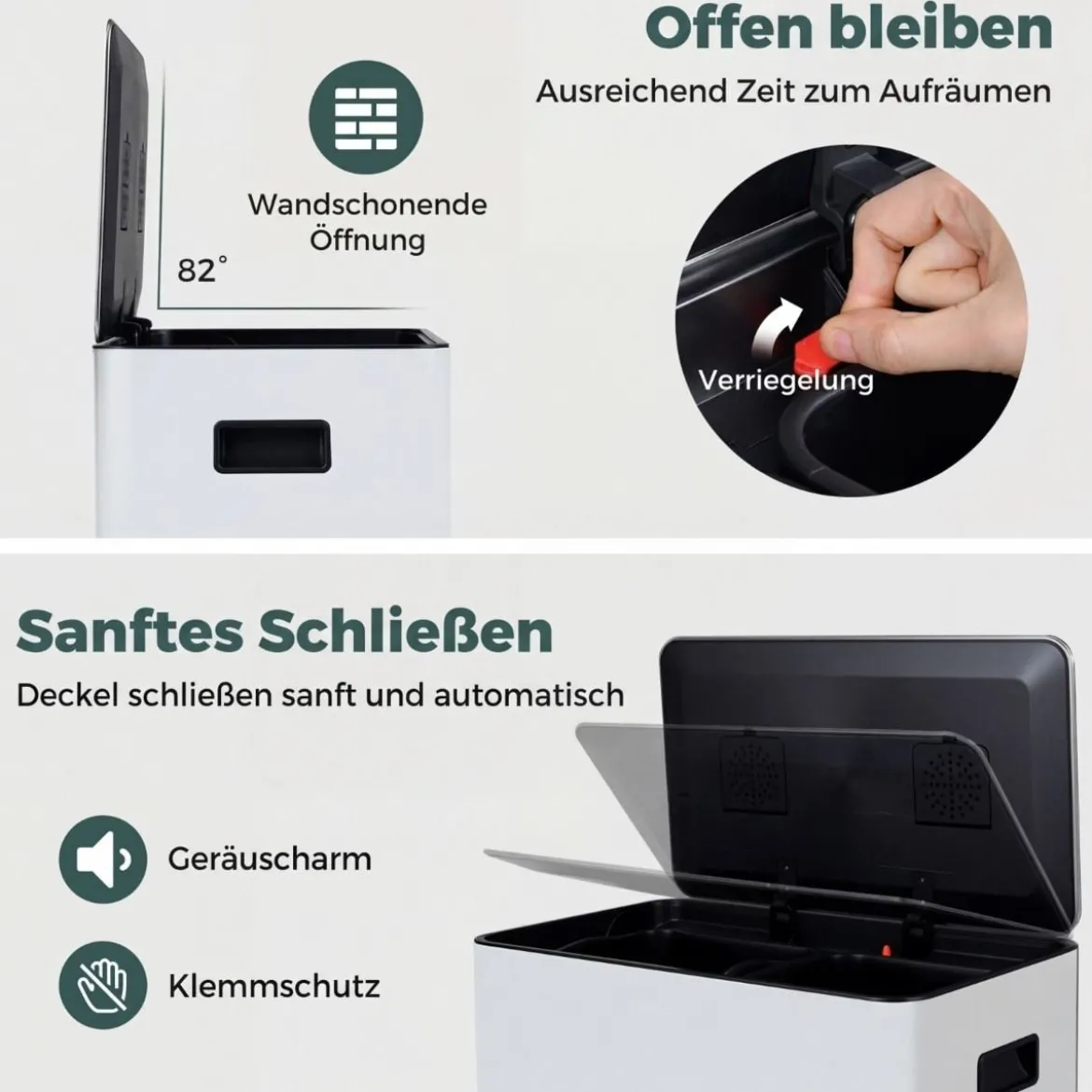 60L Küche Mülleimer aus Edelstahl mit Pedal & Softclose Deckel 2 Fächer Mülltrennsystem Weiß