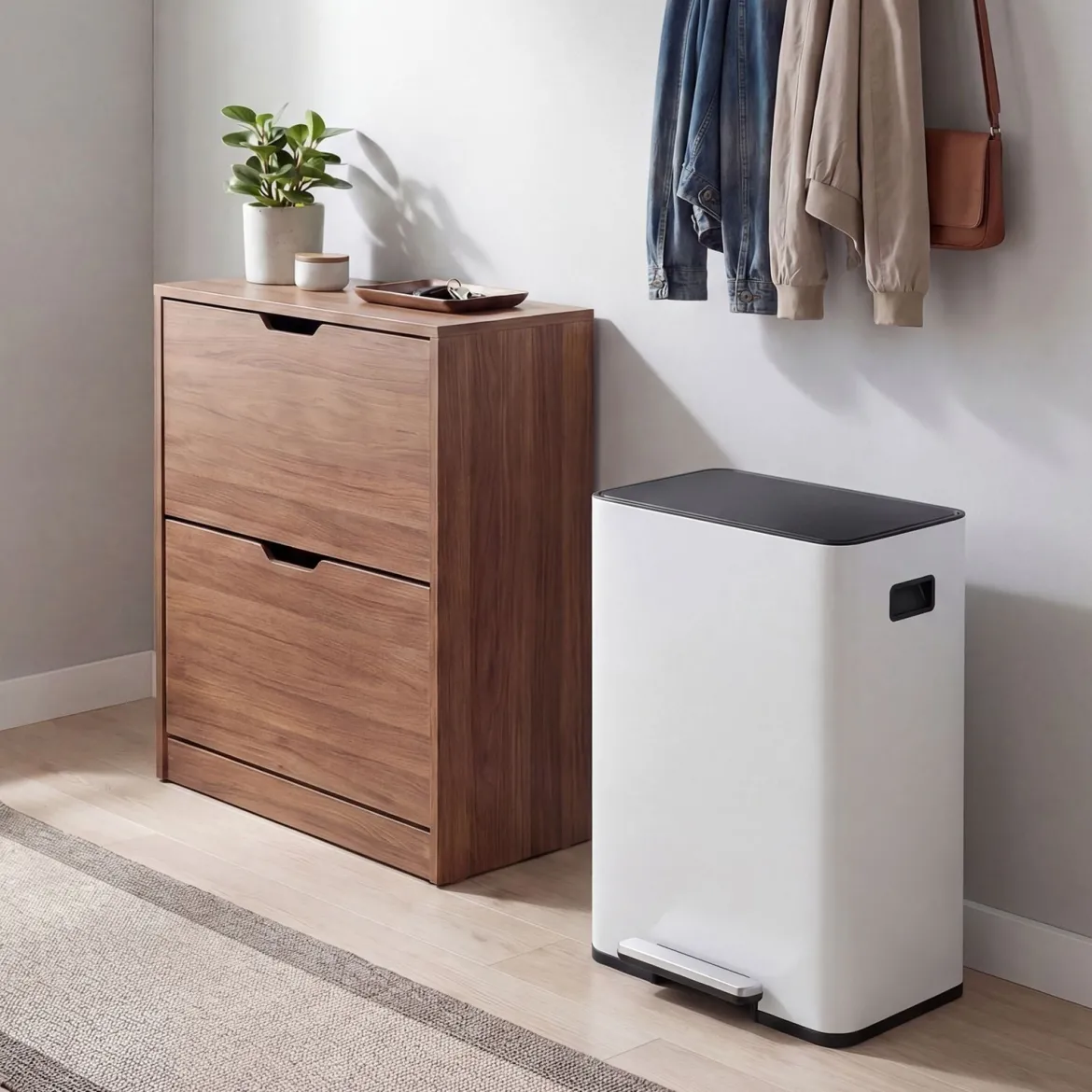 60L Küche Mülleimer aus Edelstahl mit Pedal & Softclose Deckel 2 Fächer Mülltrennsystem Weiß