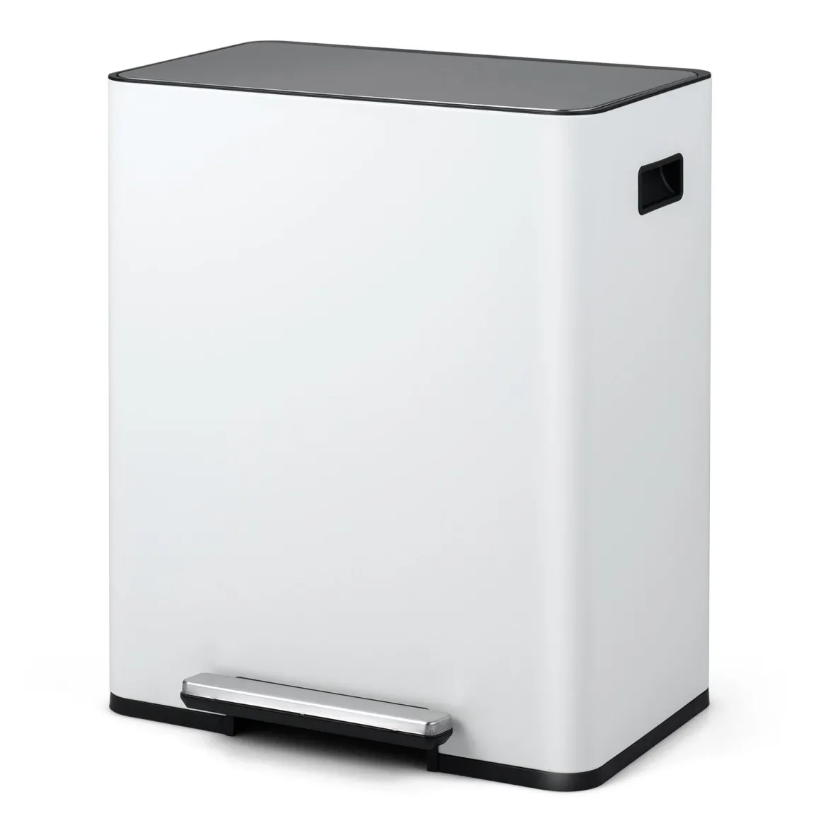 60L Küche Mülleimer aus Edelstahl mit Pedal & Softclose Deckel 2 Fächer Mülltrennsystem Weiß