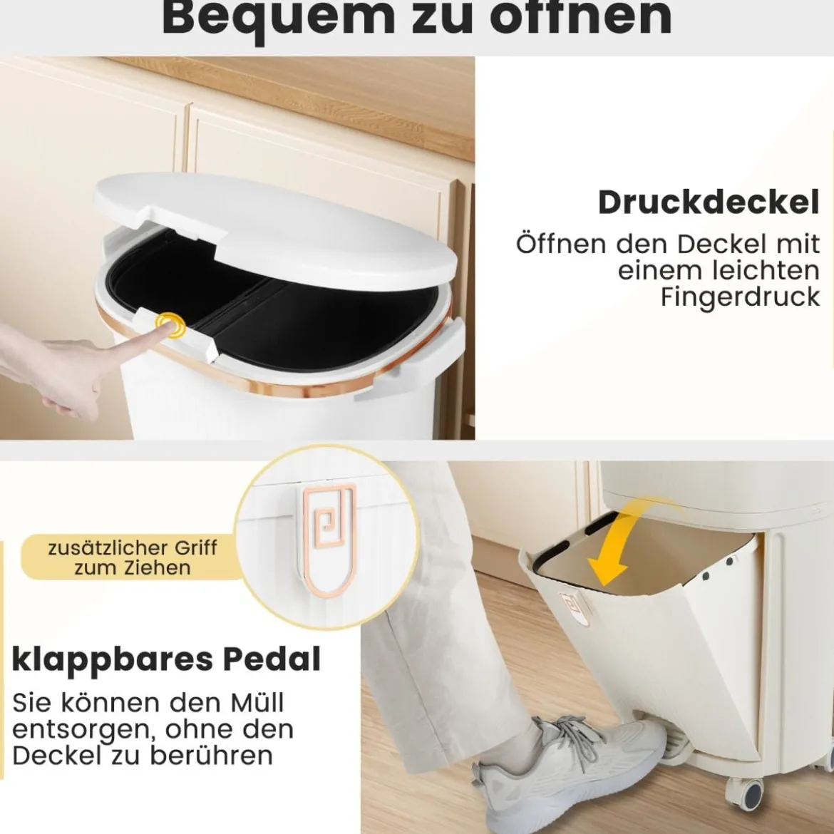 38L Küchenmülleimer mit Deckel & 2 Herausnehmbaren Behältern & Fußpedal & Rädern Weiß