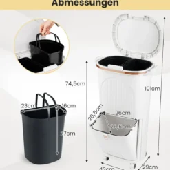 38L Küchenmülleimer mit Deckel & 2 Herausnehmbaren Behältern & Fußpedal & Rädern Weiß