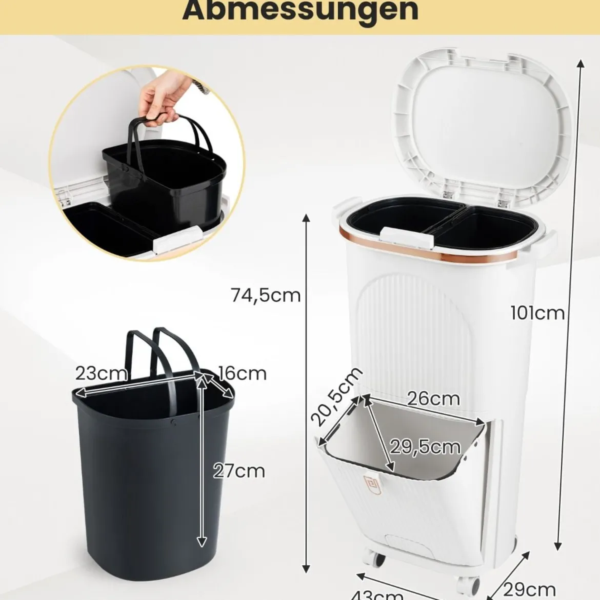 38L Küchenmülleimer mit Deckel & 2 Herausnehmbaren Behältern & Fußpedal & Rädern Weiß