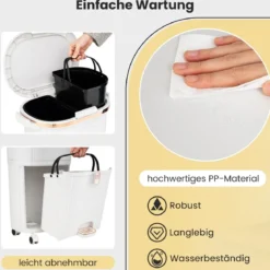38L Küchenmülleimer mit Deckel & 2 Herausnehmbaren Behältern & Fußpedal & Rädern Weiß