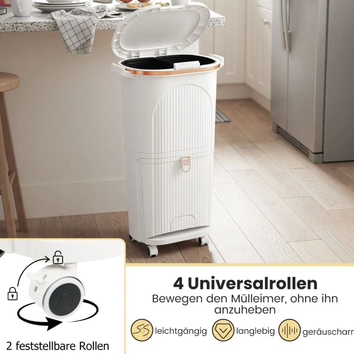 38L Küchenmülleimer mit Deckel & 2 Herausnehmbaren Behältern & Fußpedal & Rädern Weiß
