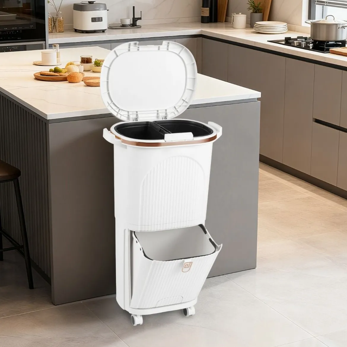 38L Küchenmülleimer mit Deckel & 2 Herausnehmbaren Behältern & Fußpedal & Rädern Weiß