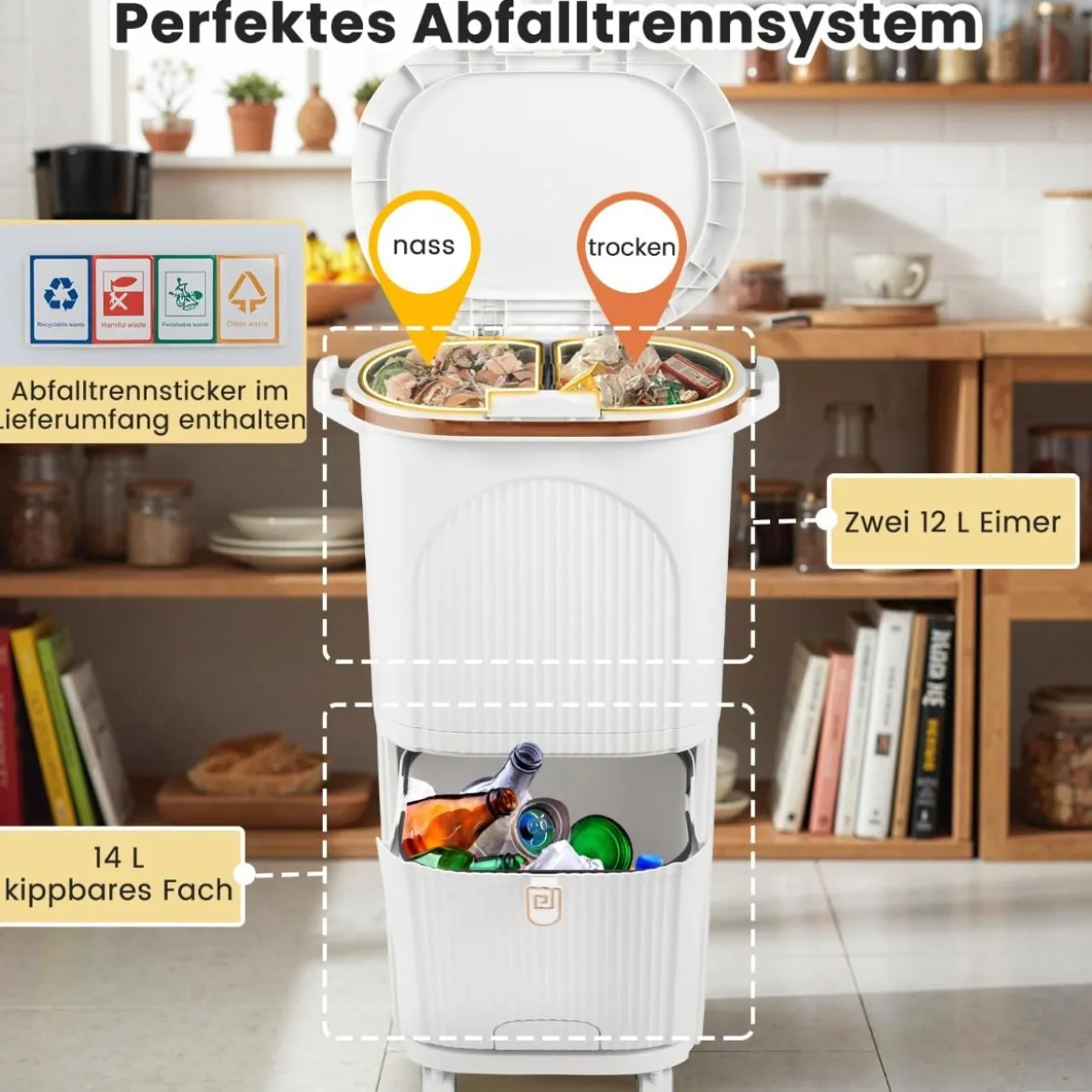38L Küchenmülleimer mit Deckel & 2 Herausnehmbaren Behältern & Fußpedal & Rädern Weiß