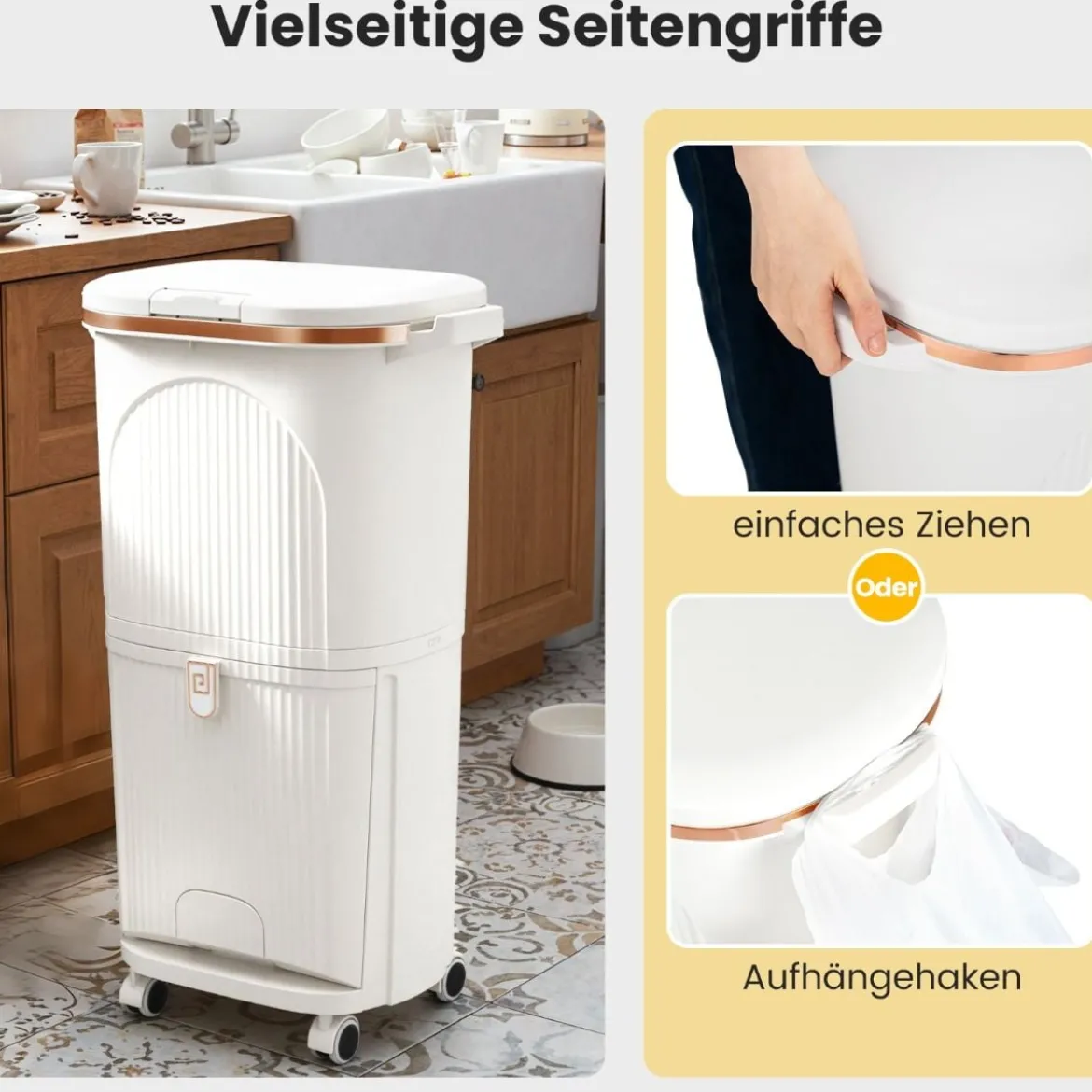38L Küchenmülleimer mit Deckel & 2 Herausnehmbaren Behältern & Fußpedal & Rädern Weiß