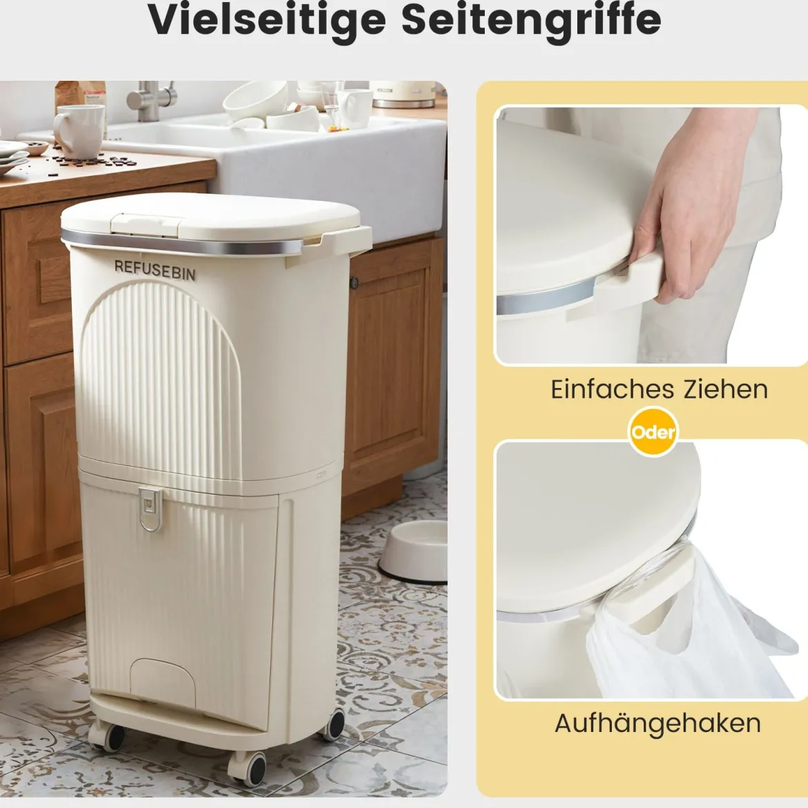38L Küchenmülleimer mit Deckel & 2 Herausnehmbaren Behältern & Fußpedal & Rädern Beige