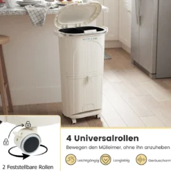 38L Küchenmülleimer mit Deckel & 2 Herausnehmbaren Behältern & Fußpedal & Rädern Beige