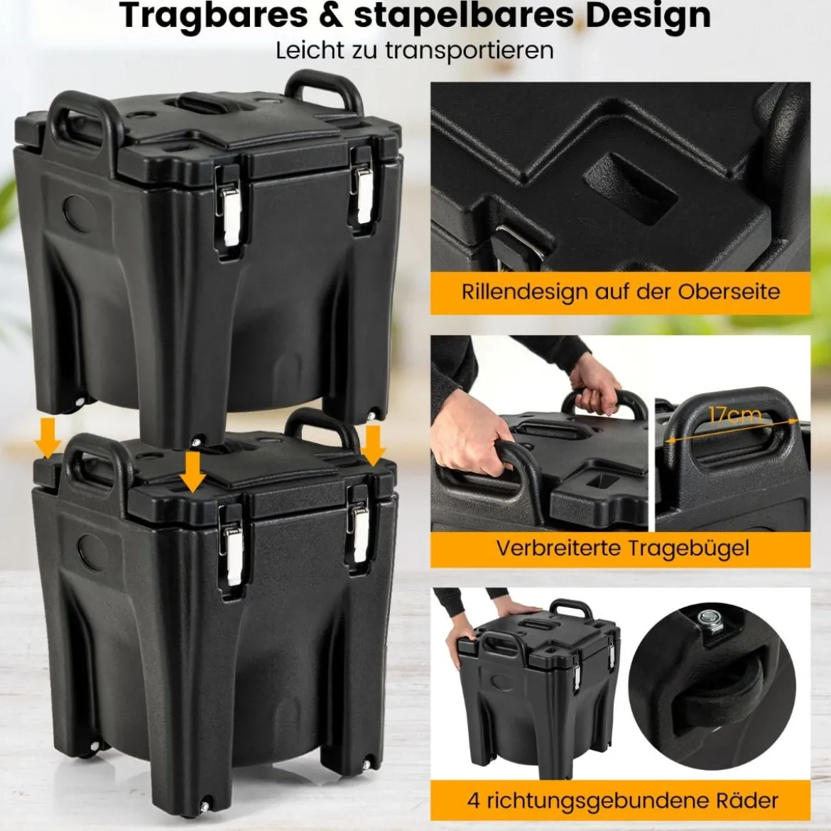 30L Kühlbox Isolierbox mit Rollen mit Bremsen Stapelbare Thermobox mit Edelstahl-Innenseite 44 x 44 x 53 cm Schwarz