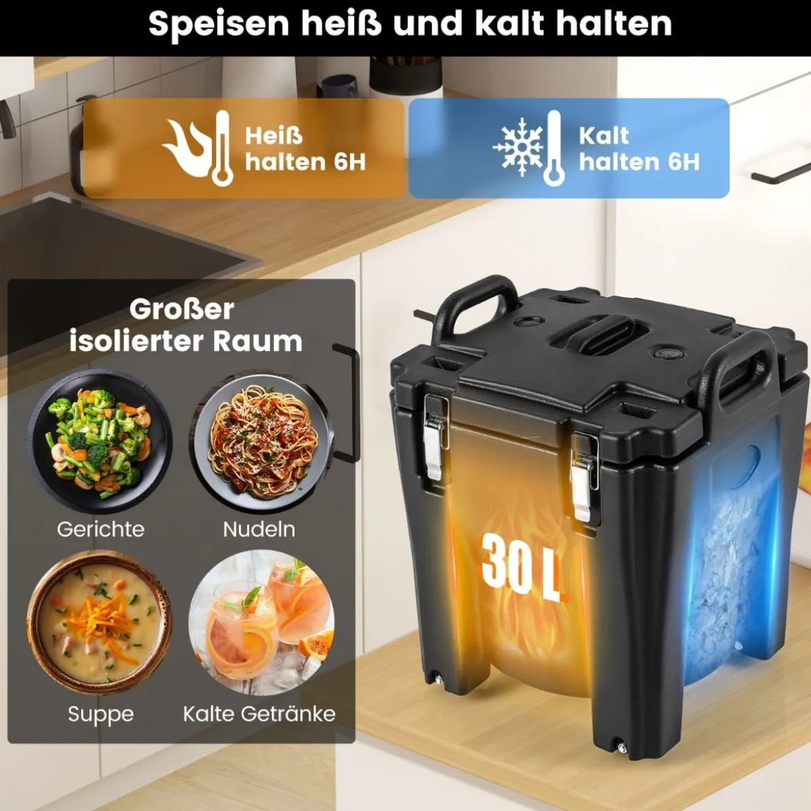 30L Kühlbox Isolierbox mit Rollen mit Bremsen Stapelbare Thermobox mit Edelstahl-Innenseite 44 x 44 x 53 cm Schwarz