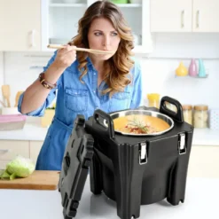30L Kühlbox Isolierbox mit Rollen mit Bremsen Stapelbare Thermobox mit Edelstahl-Innenseite 44 x 44 x 53 cm Schwarz