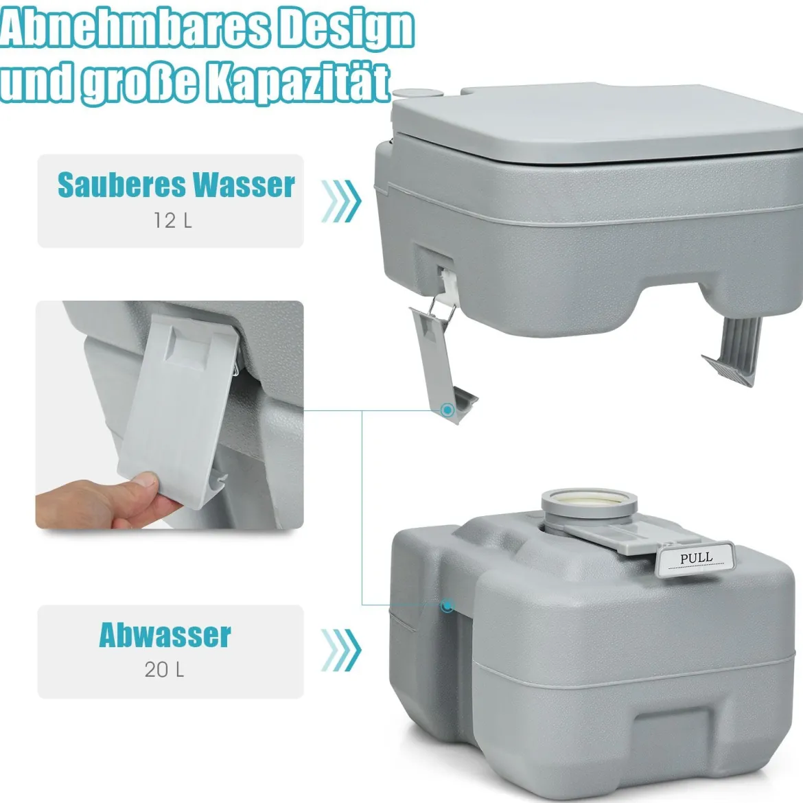 20L + 12L Campingtoilette mit Abnehmbarem Abwassertank Tragbares Campingklo