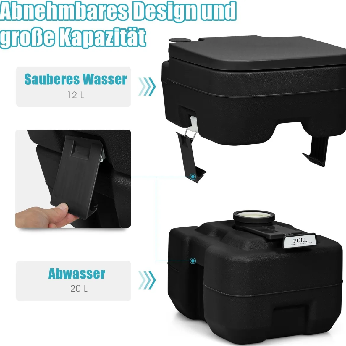 20L + 12L Campingtoilette mit Abnehmbarem Abwassertank Tragbares Campingklo
