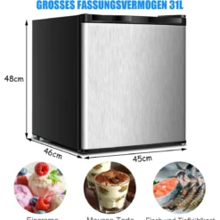 31L Mini Freistehender Gefrierschrank tragbarer kompakter Gefrierbox 45 x 46 x 48 cm Silber + Schwarz