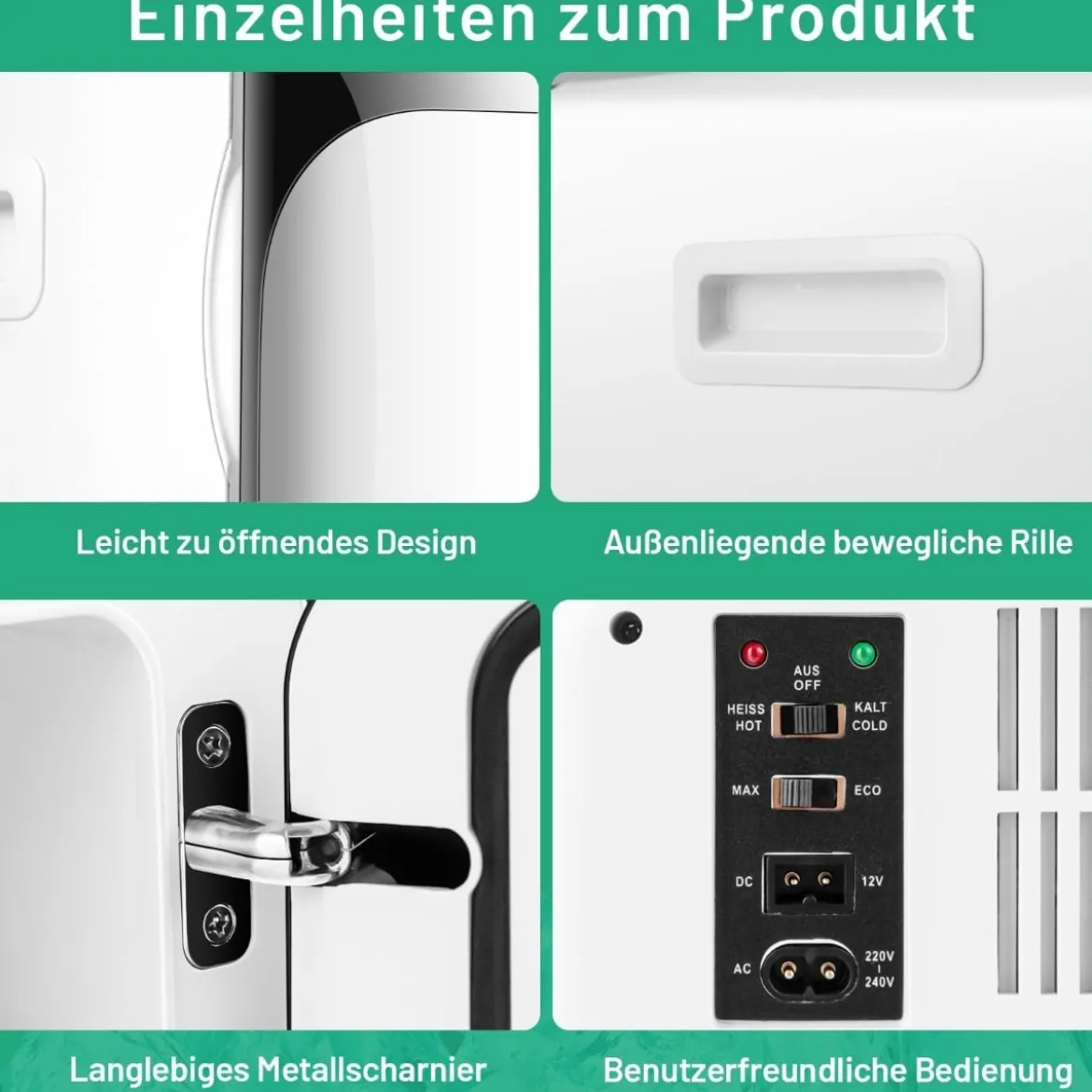 15 L Mini Kühlschrank 2 in 1 Kühl- und Heizfunktion Tragbarer Kühltruhe 27 x 33 x 38 cm Weiß + Schwarz Energieklasse E