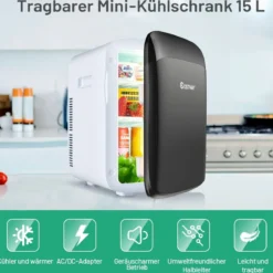 15 L Mini Kühlschrank 2 in 1 Kühl- und Heizfunktion Tragbarer Kühltruhe 27 x 33 x 38 cm Weiß + Schwarz Energieklasse E