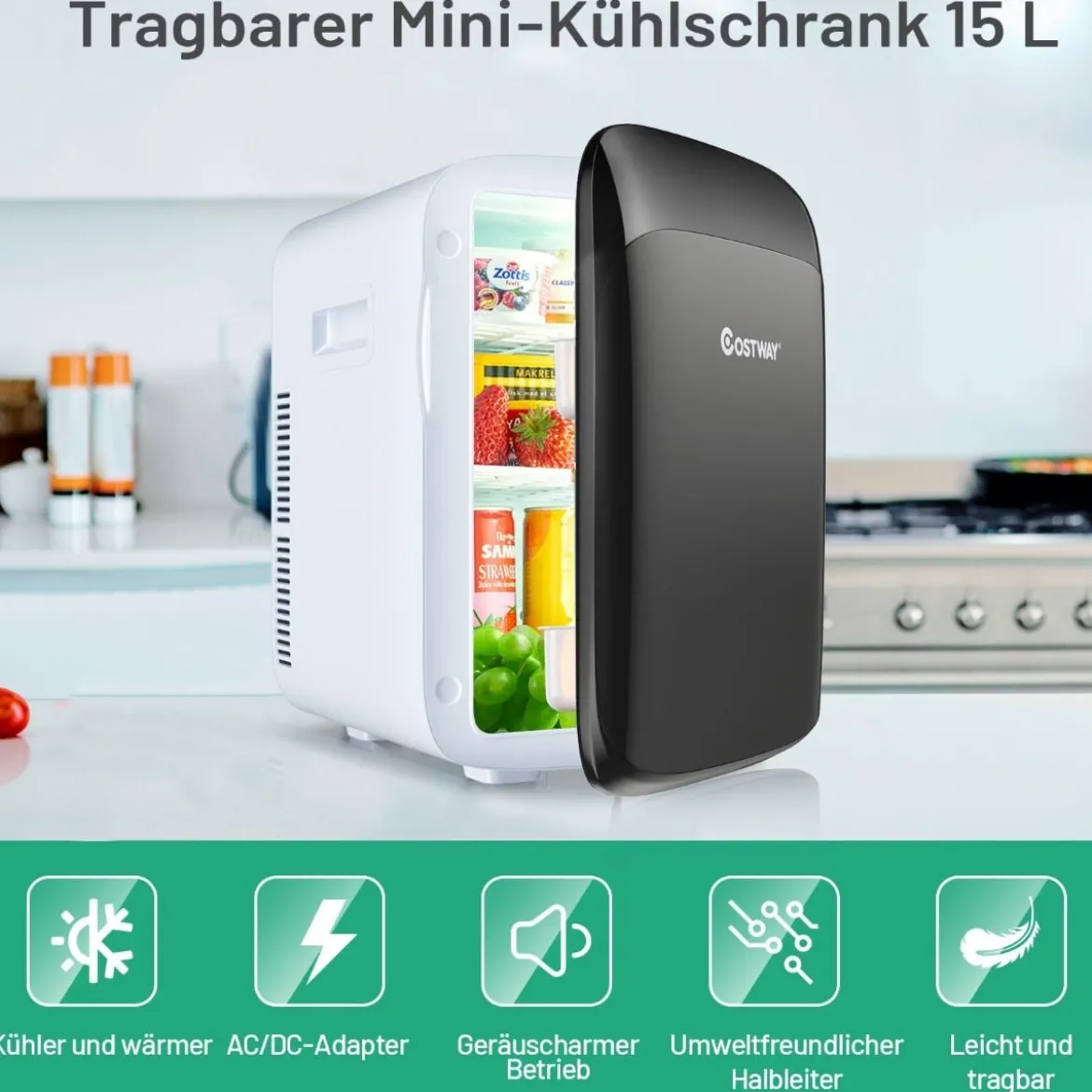 15 L Mini Kühlschrank 2 in 1 Kühl- und Heizfunktion Tragbarer Kühltruhe 27 x 33 x 38 cm Weiß + Schwarz Energieklasse E