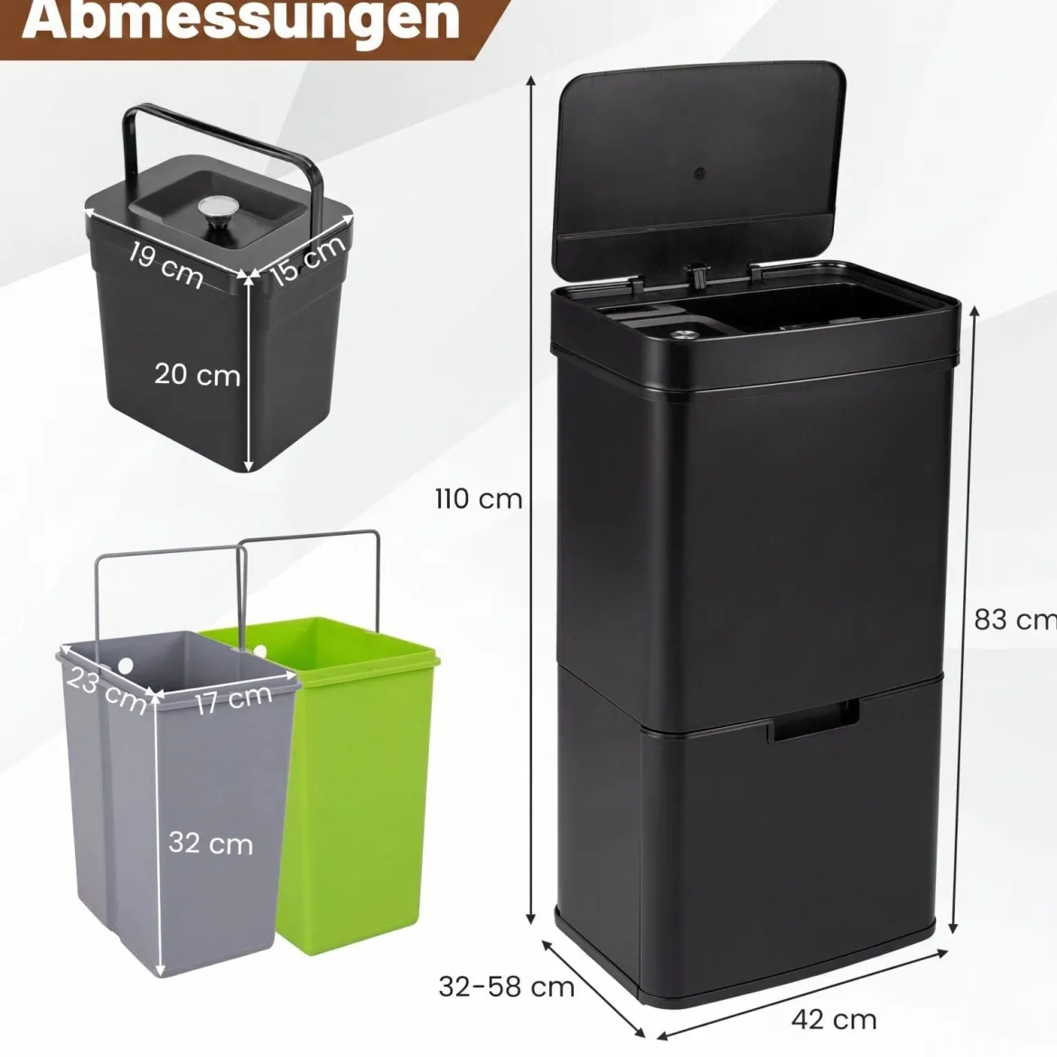 72L-Müllbehälter aus Edelstahl Mülleimer mit Küchenabfallbehälter 42 x 32–58 x 84–110 cm Schwarz