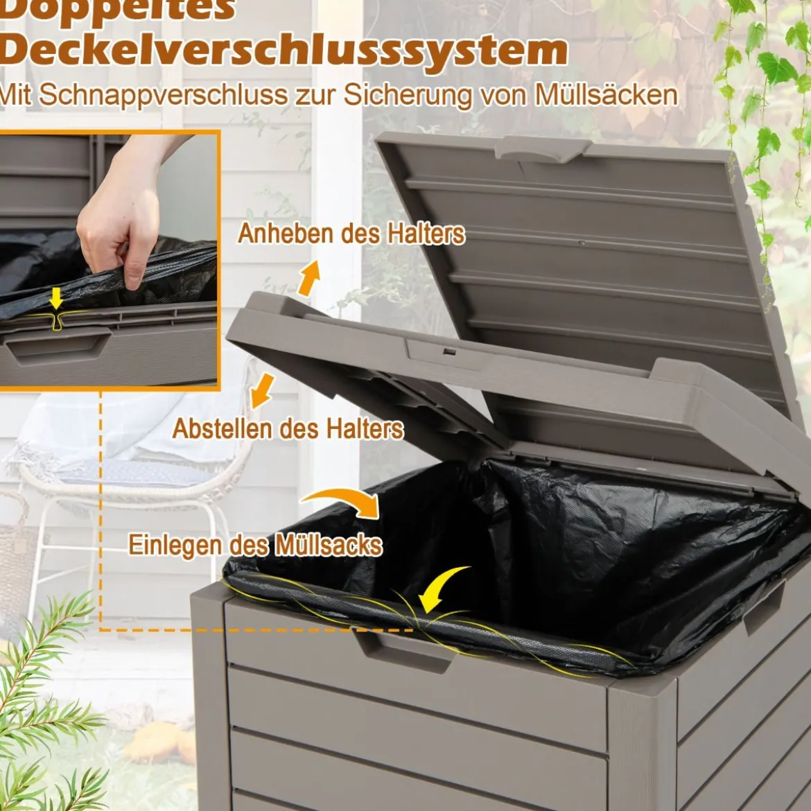 118 L Mülleimer mit Deckel & Ausziehbarer Flüssigkeitsschale & Griff Wasserdicht Braun